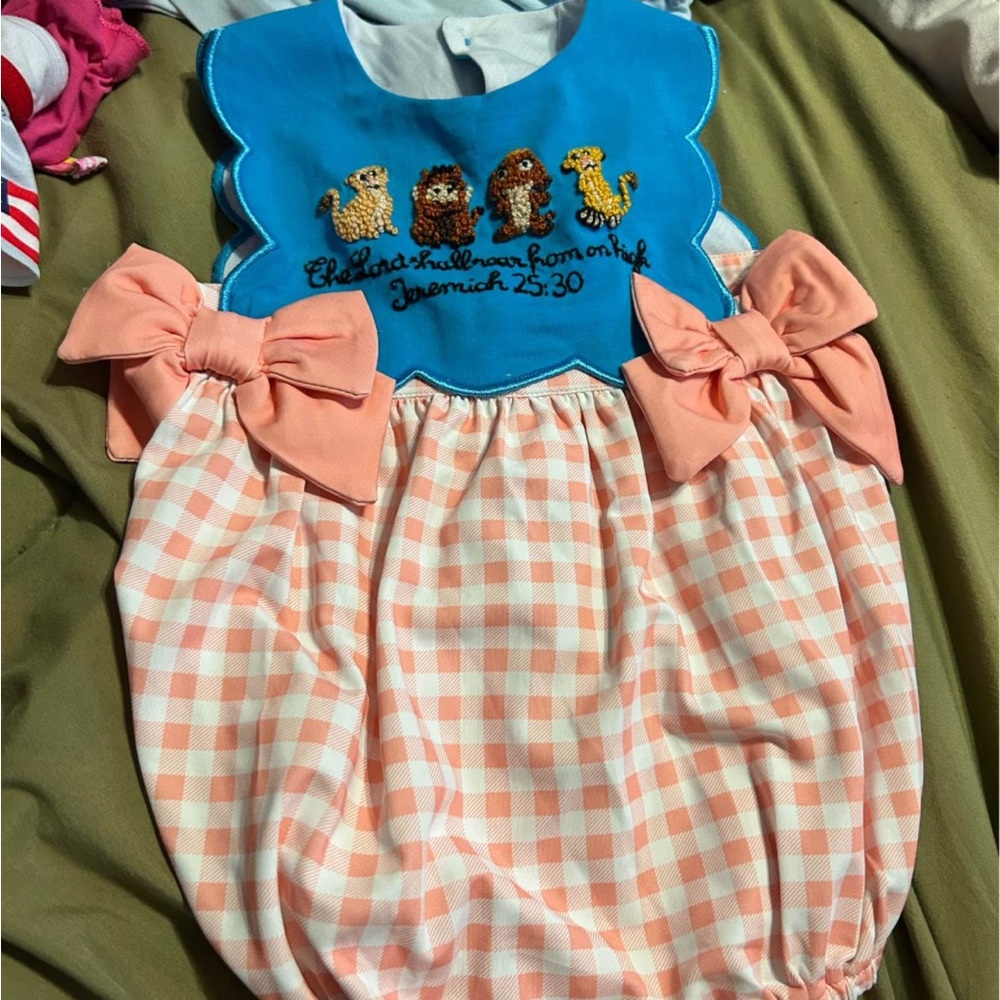 Blue and Pink Gingham Baby Romper with Bows